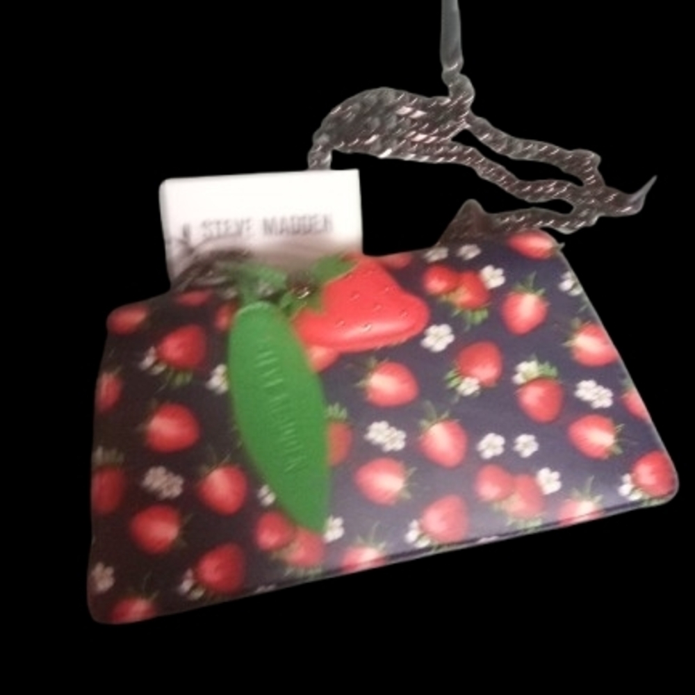 Steve Madden Navy and Red Strawberry Card Case with Green Leaf Charm